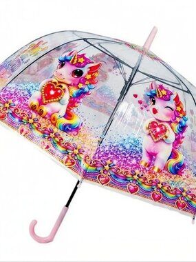 Unicorn Kawaii Clear Dome Transparent Semi-Automatic Umbrella.